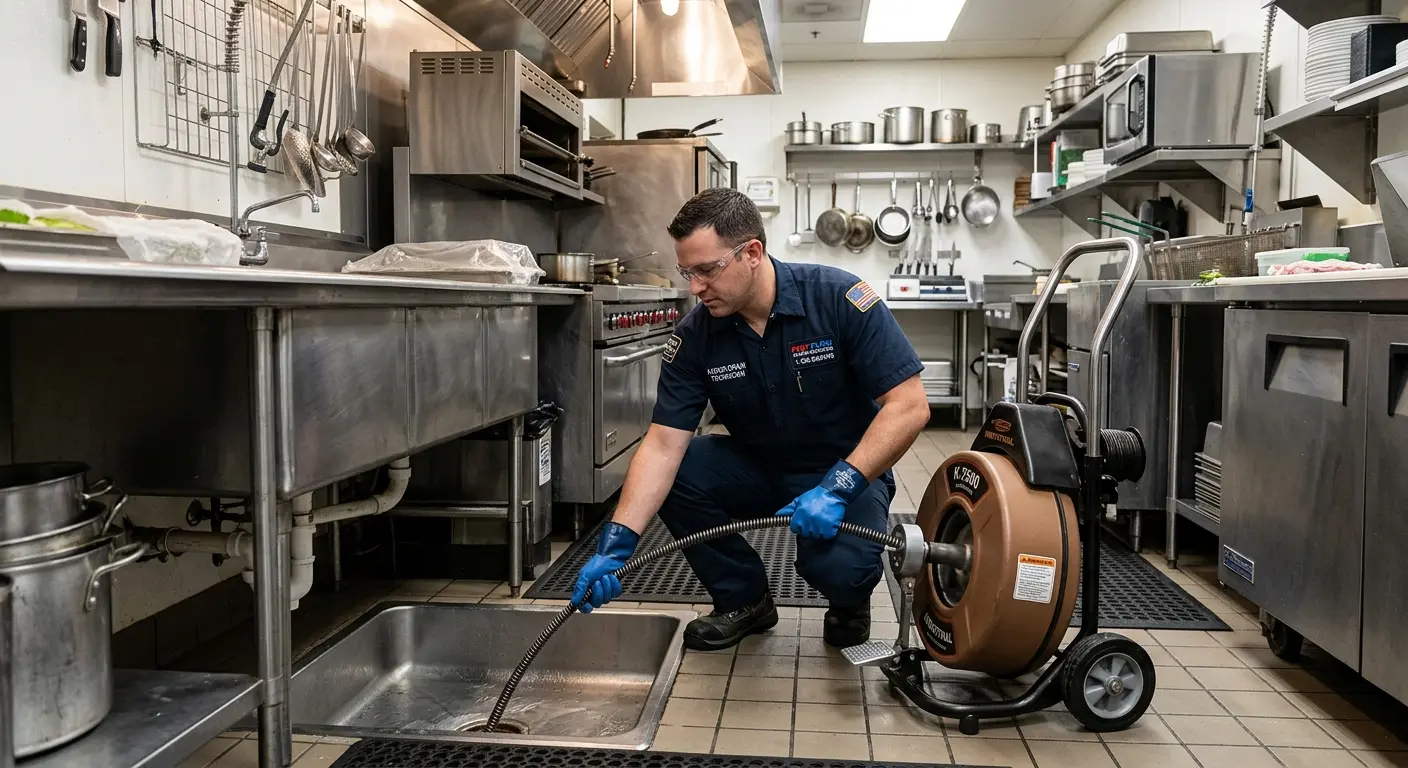 Commercial drain cleaning service in a restaurant kitchen in Mansfield